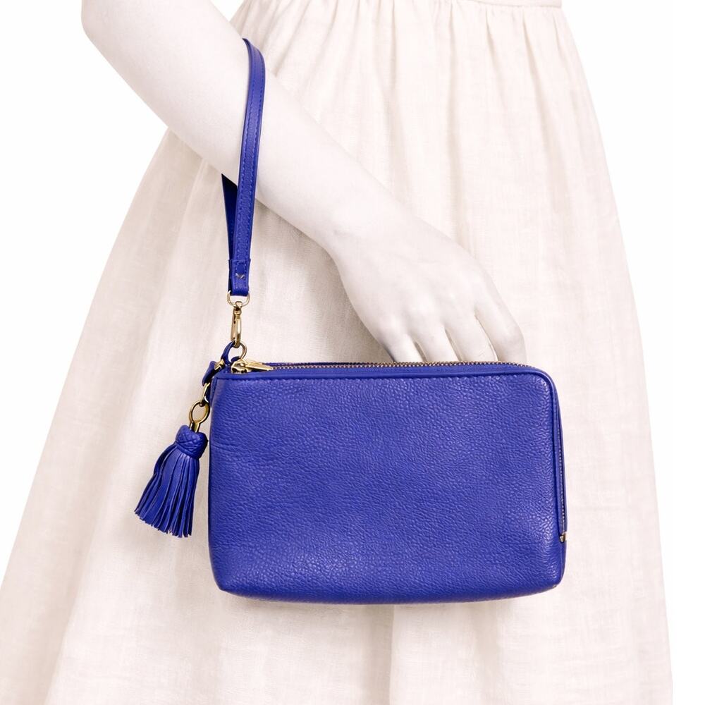 Talbots Blue Leather Wristlet Clutch Zip Pouch Tassel Wallet Organizer Bag